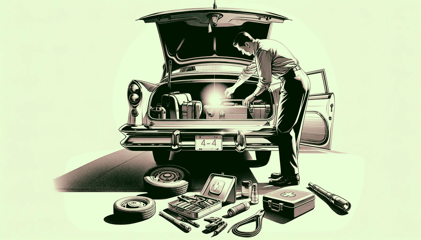 A car owner arranging essential emergency tools in the trunk of a vehicle