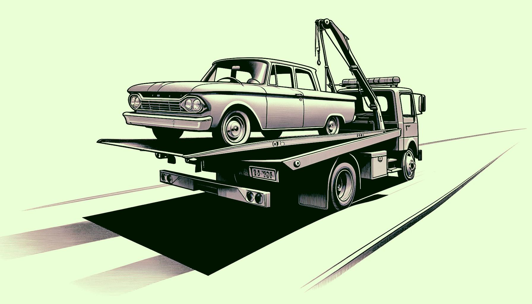 A flatbed tow truck carrying a classic car to minimize wear and tear