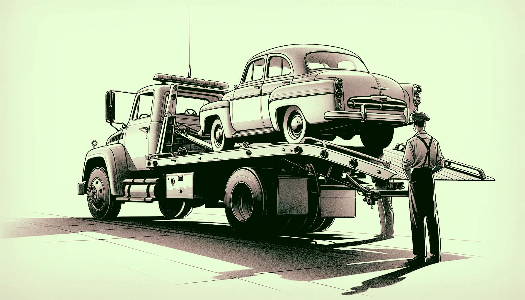 A vehicle transportation operator and car owner checking a vehicle loaded on a tow truck prior to departure