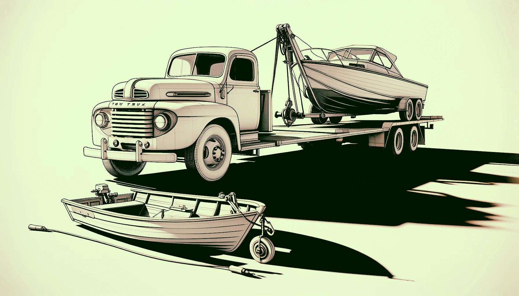 A medium-duty tow truck carrying a small boat loaded on the flatbed and attached by a crane