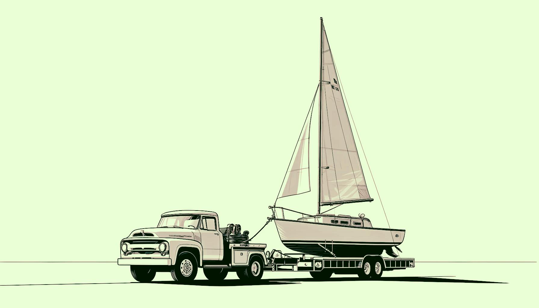 A heavy-duty tow truck moving a yacht loaded on a detached trailer