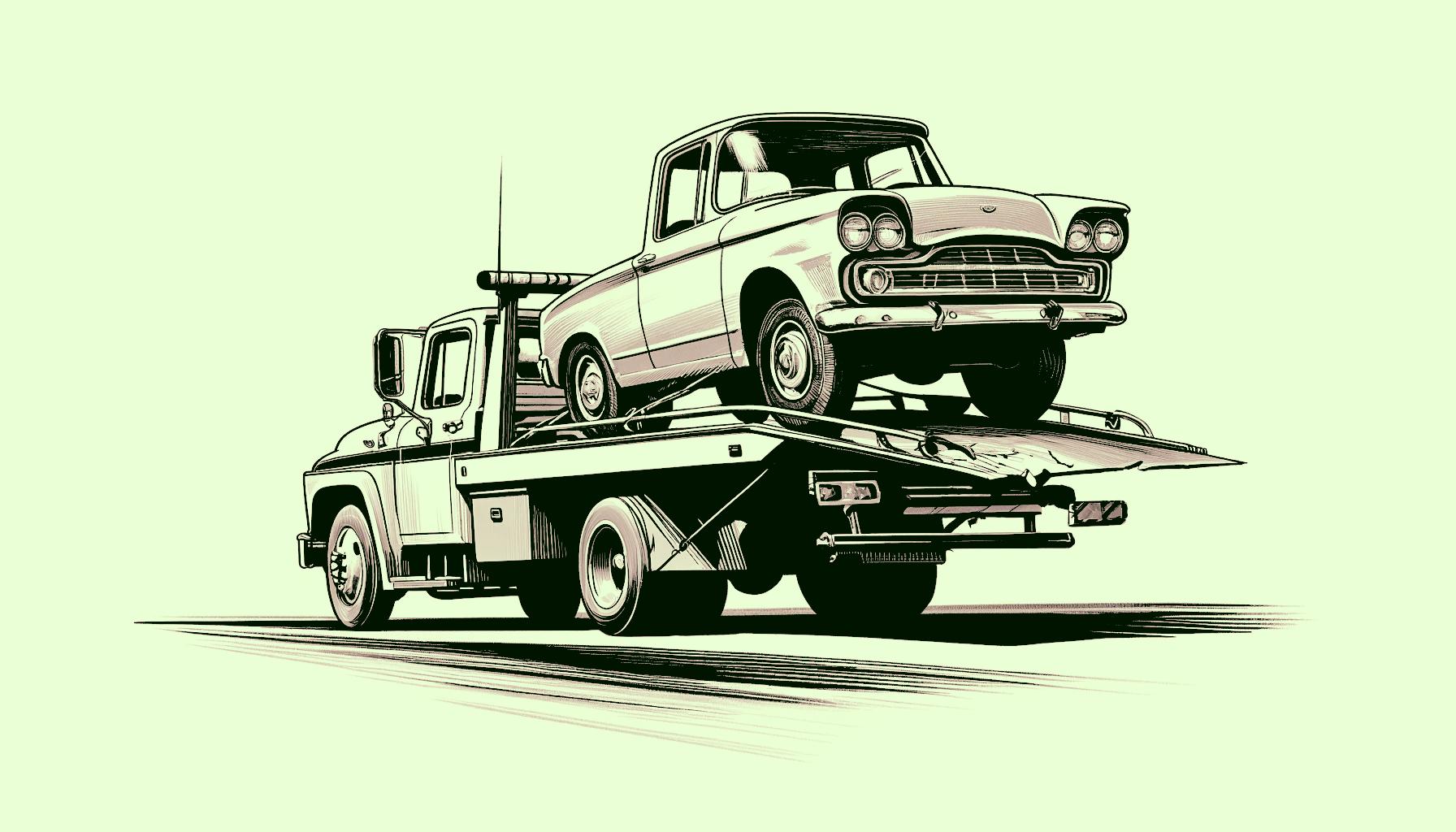 A flatbed tow truck transporting a classic car to minimize mileage