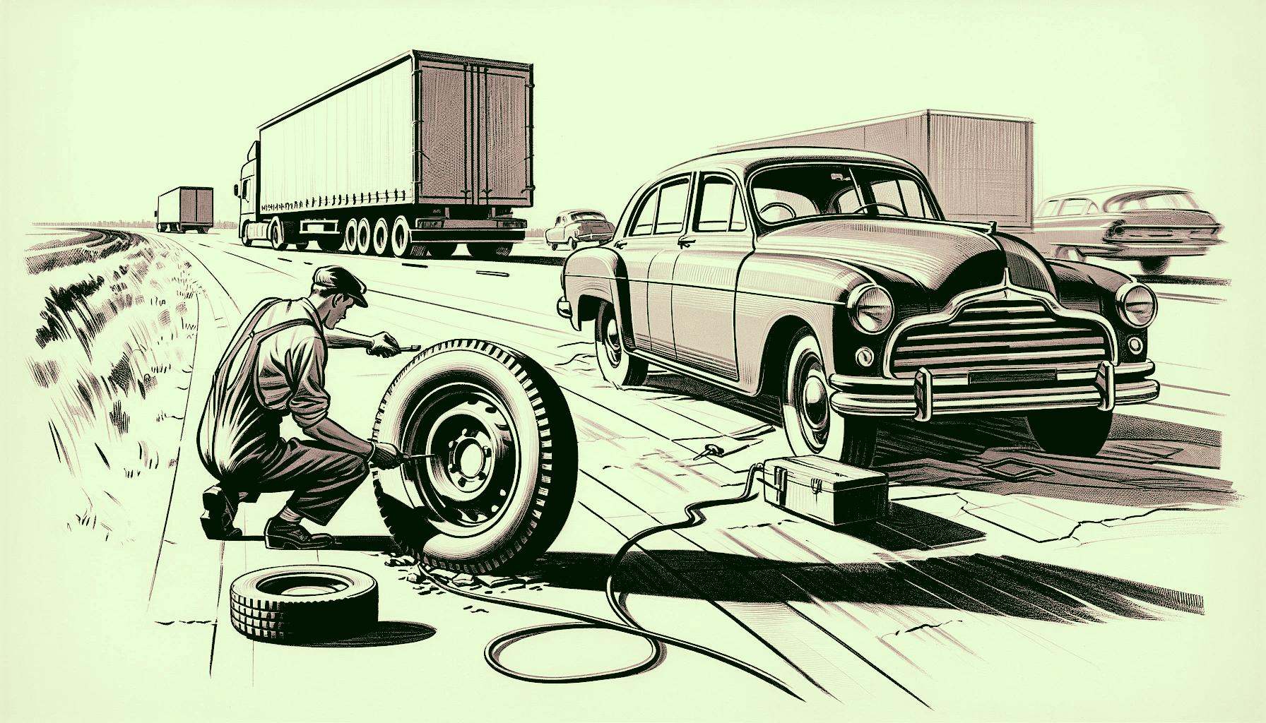 A roadside assistance technician replacing a flat tire on a passenger car