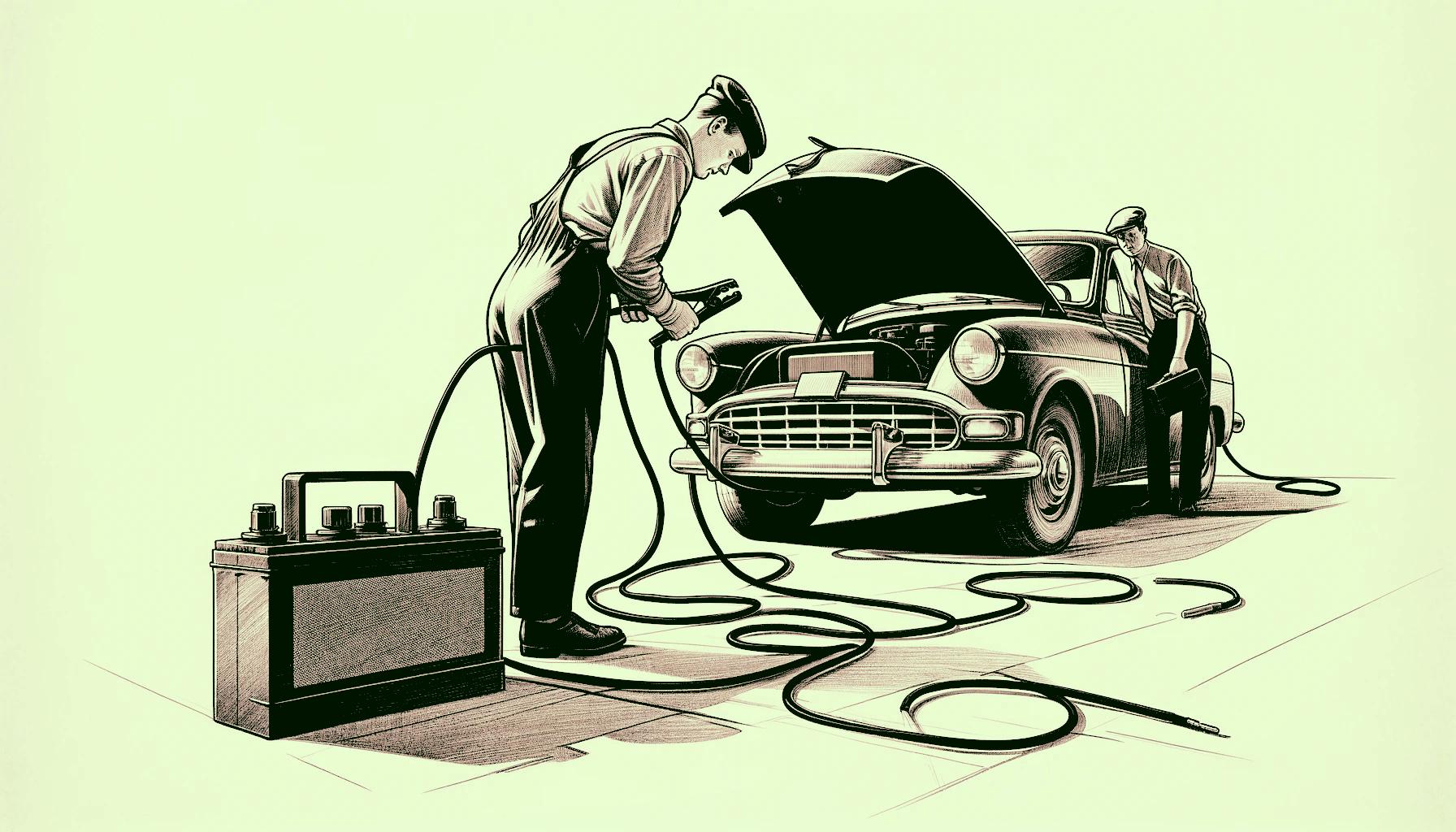 A roadside assistance technician jump-starting a dead battery on a passenger car