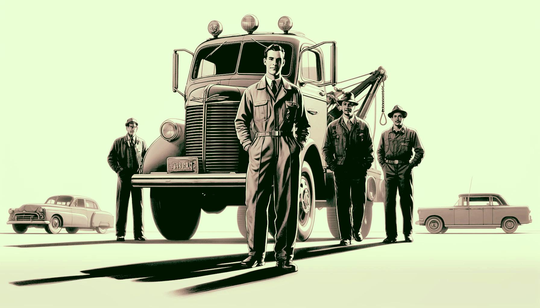 A team of roadside service technicians standing in front of a large tow-truck