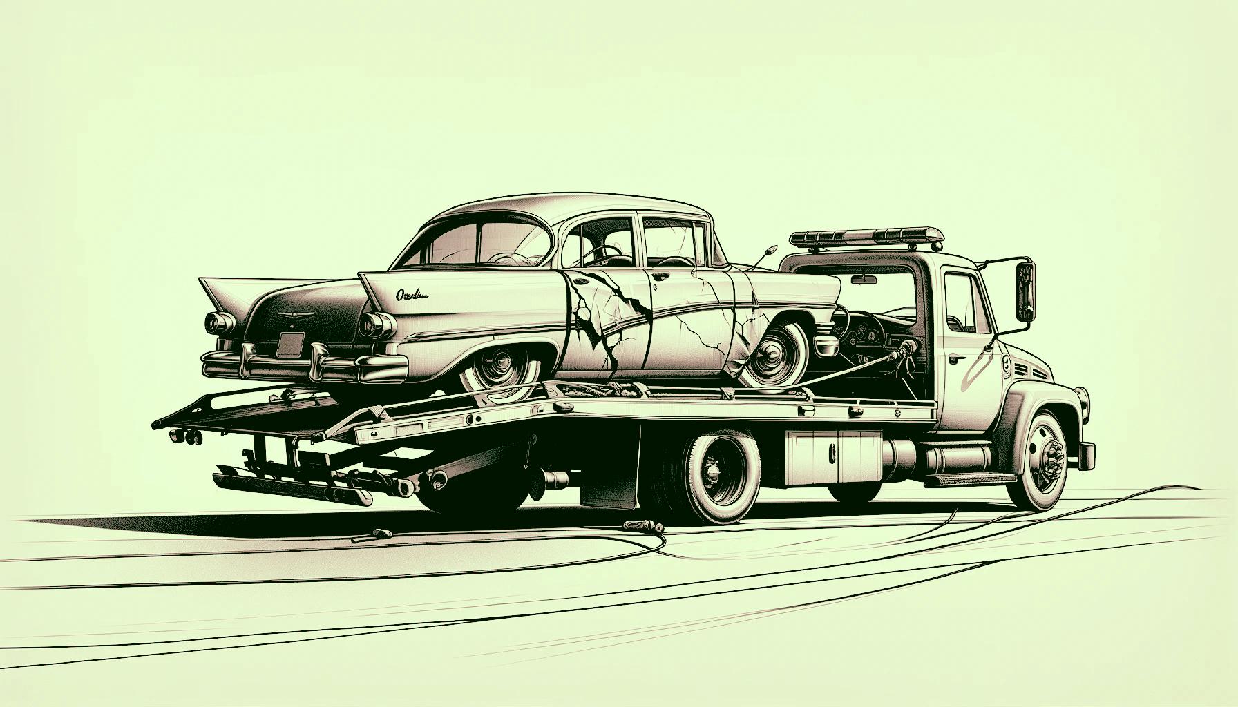 A flatbed tow truck transporting a passenger car that has been involved in an accident