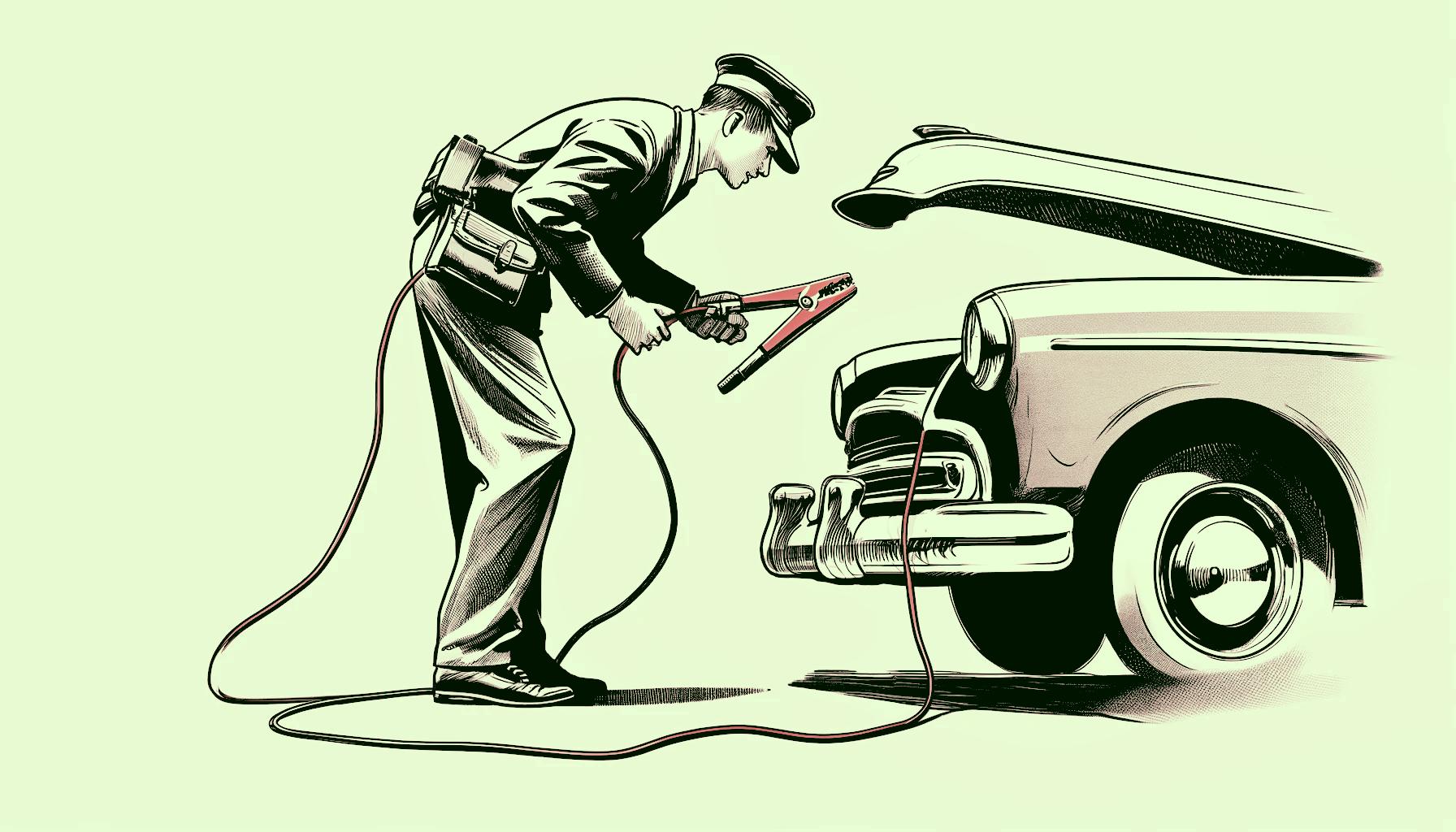 A roadside assistance operator attaching jumper cables to a car's battery