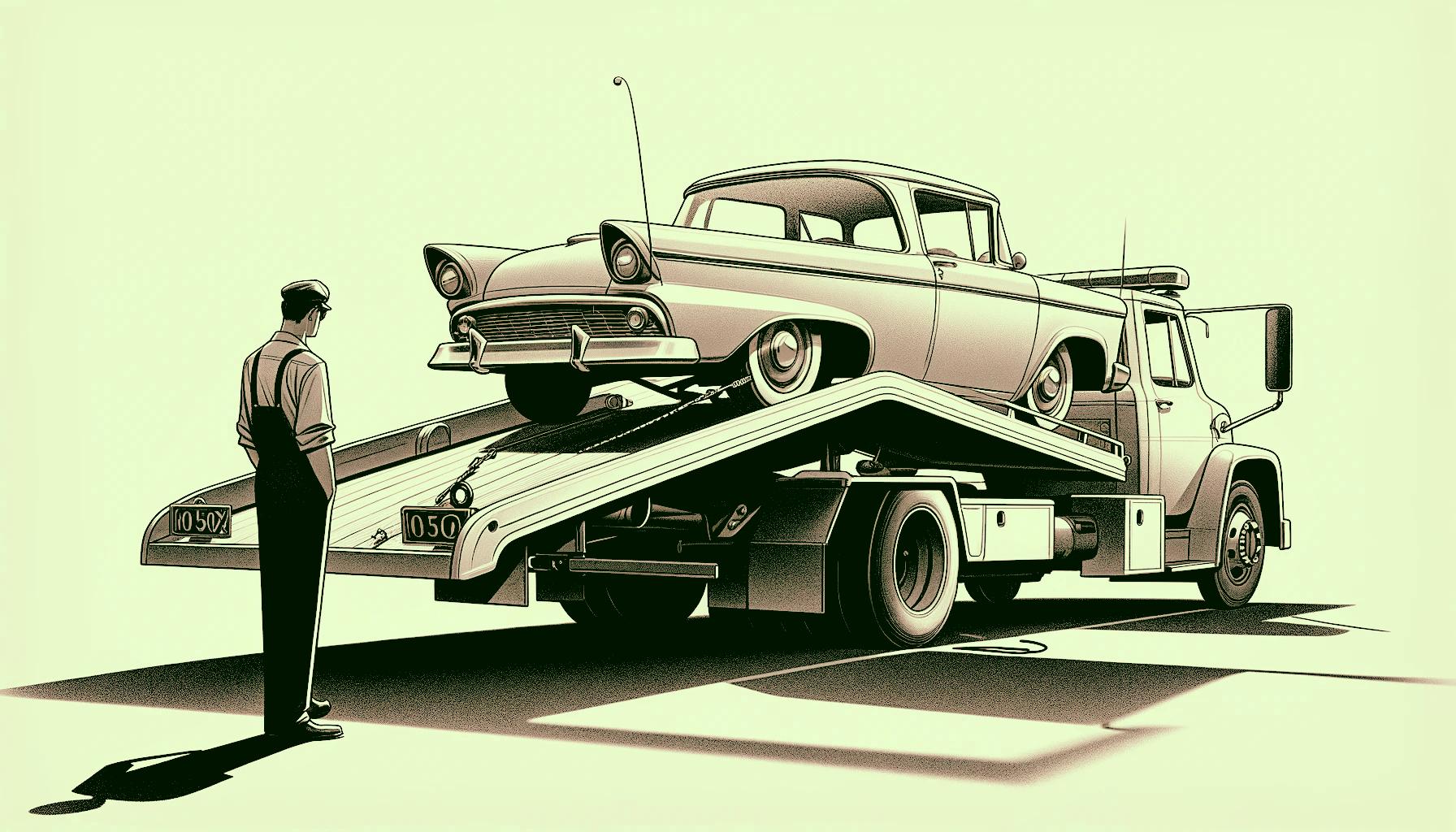 A car owner looking at their classic car loaded onto the bed of a tow truck