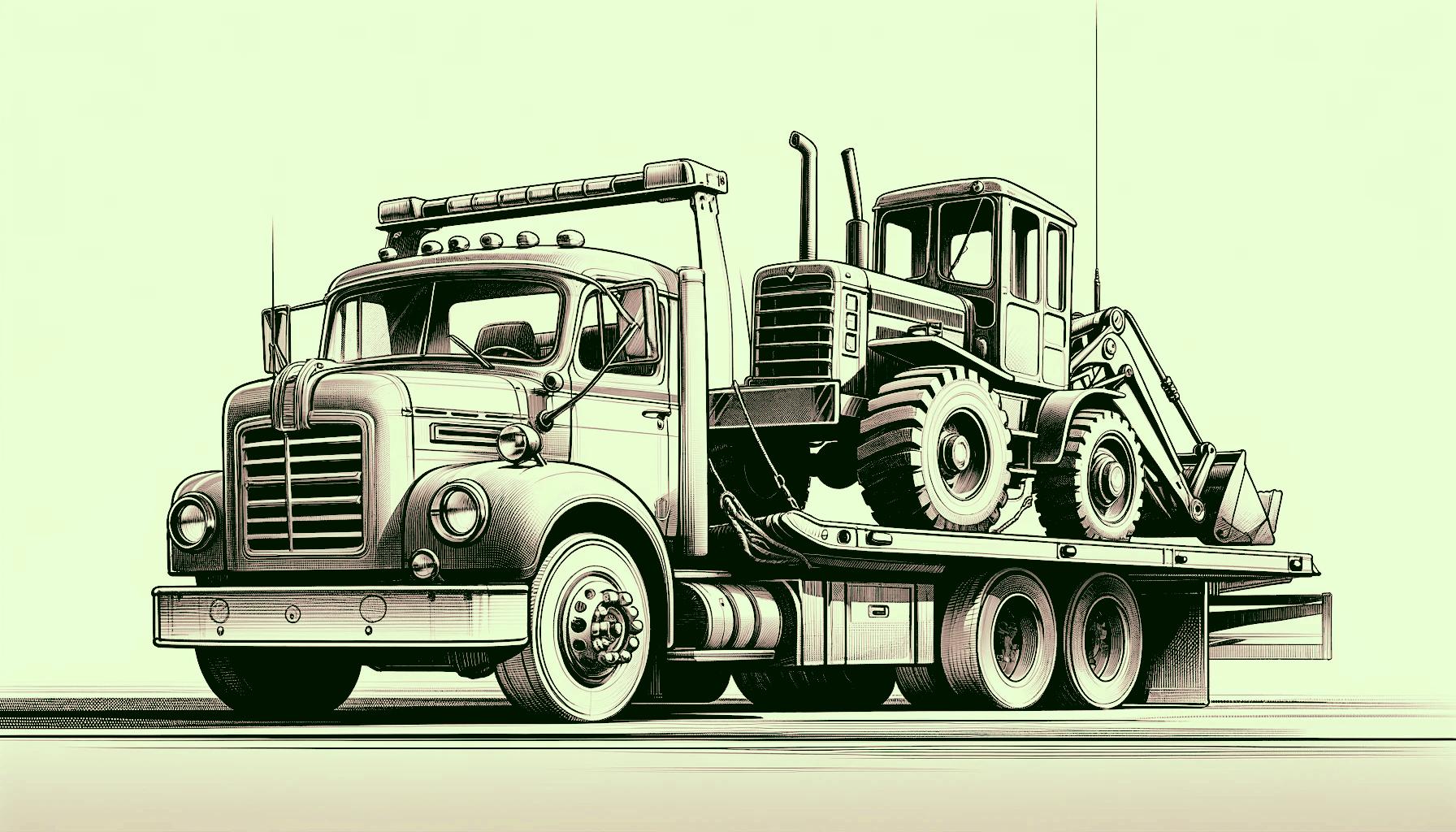 A heavy-duty tow truck moving an excavator loaded on the flatbed