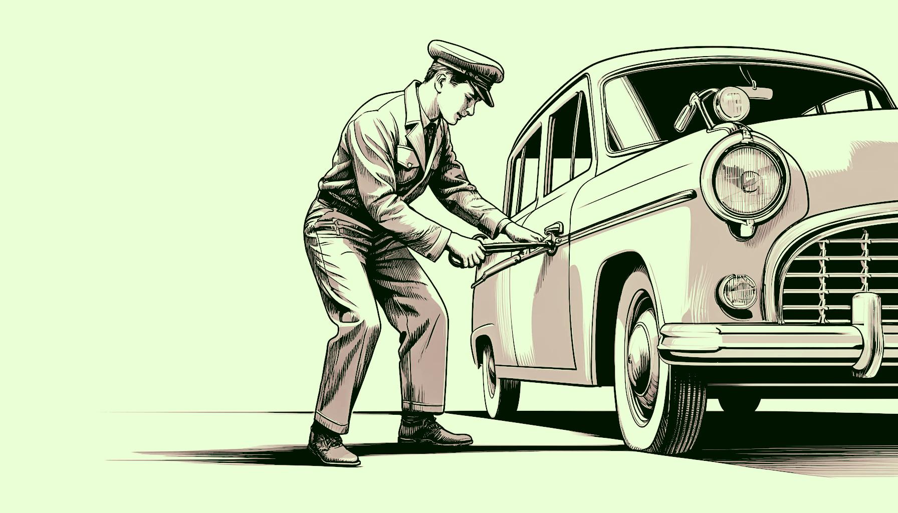 A roadside assistance operator unlocking a car's door for a driver who has left their keys inside the vehicle and is locked-out