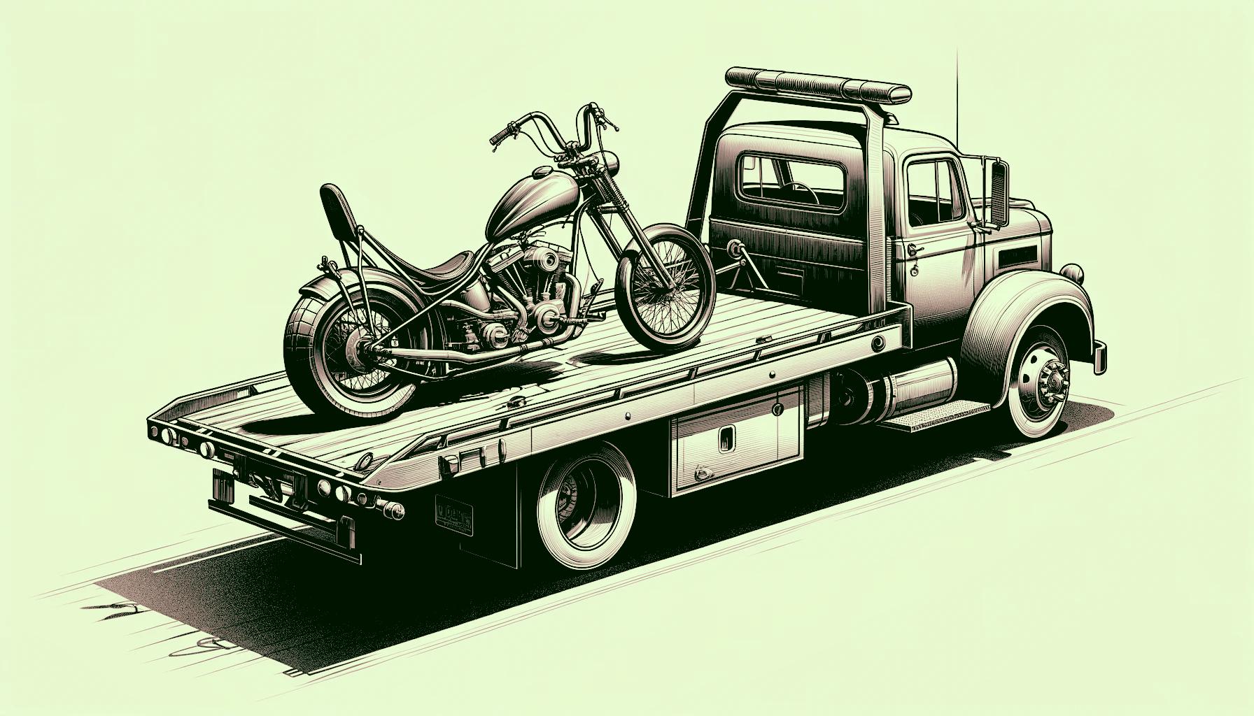 An integrated tow truck moving a motorcycle loaded on the flatbed