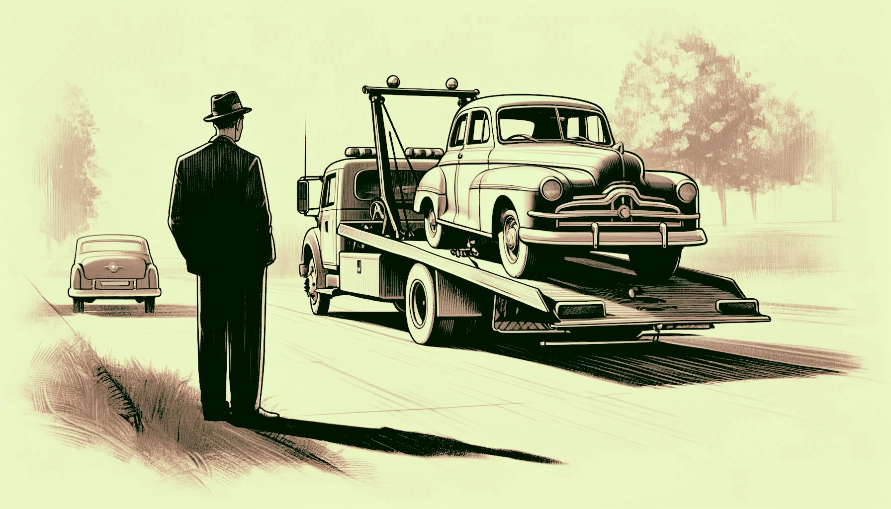 A car owner looking at a flatbed truck loading their car in preparation for long-distance relocation transport