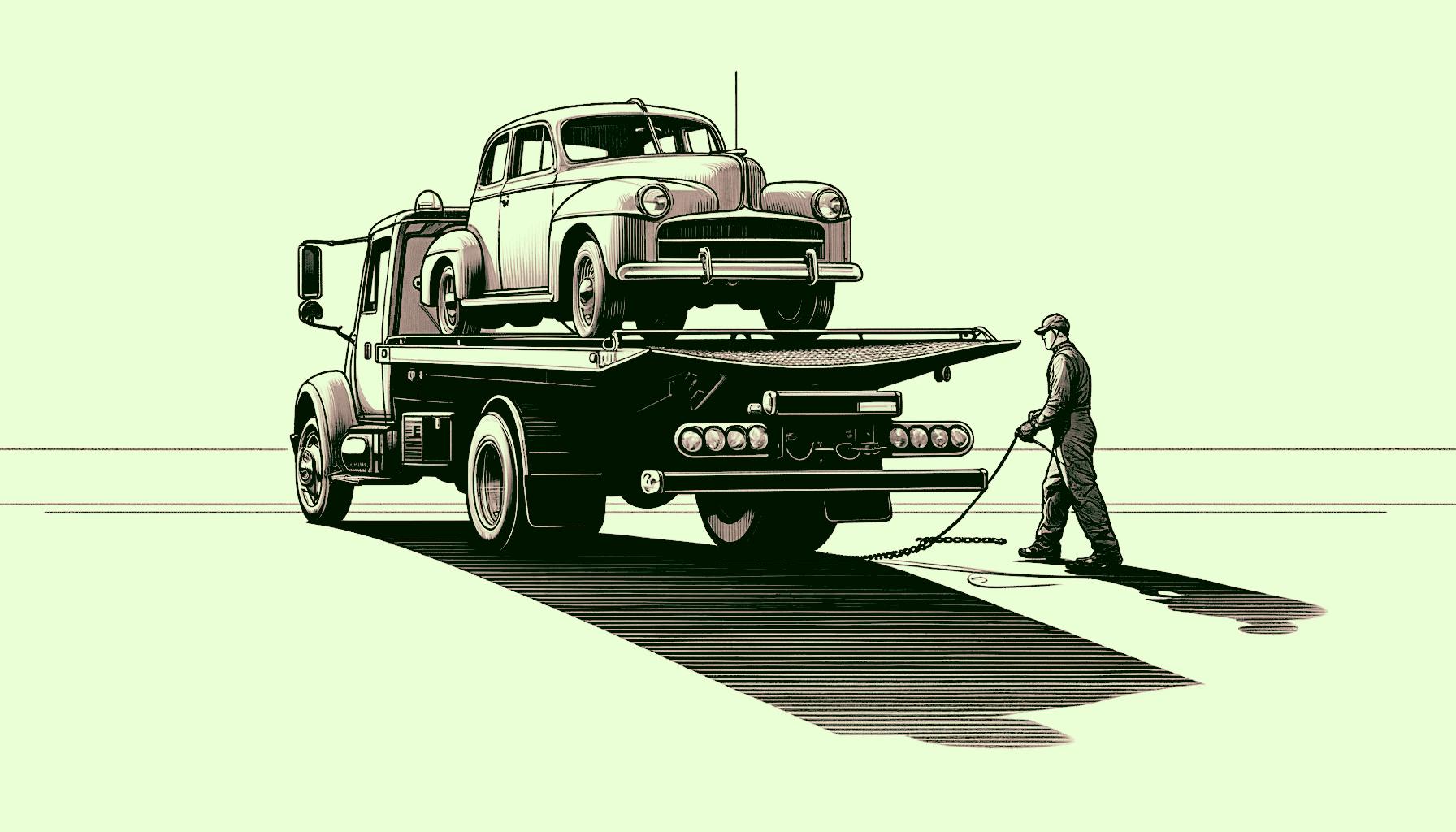 A roadside assistance operator preparing a passenger car for towing on a flatbed truck